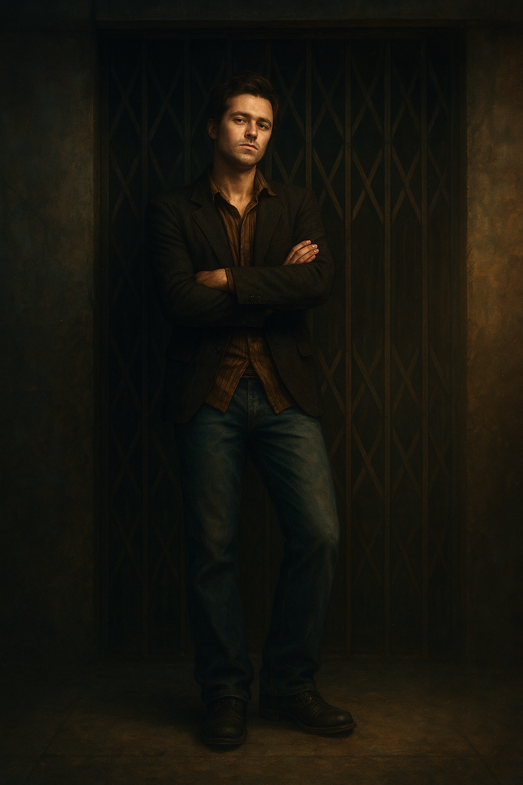 a painting of a man in a dark room