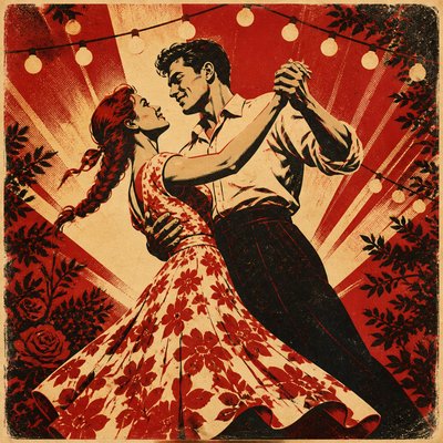 an original couple dancing under string lights in a garden at dusk: a man with short black hair in a linen shirt and a woman with braided red hair in a summer dress