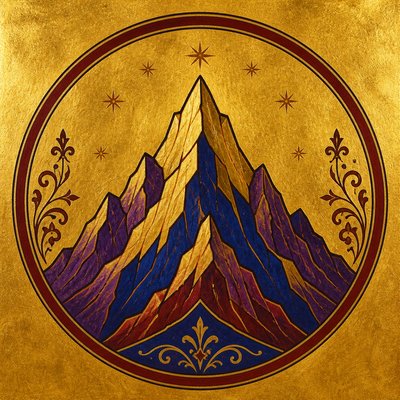 an emblem of a mountain peak inside a circle, simple bold shapes on a plain background, no text or lettering