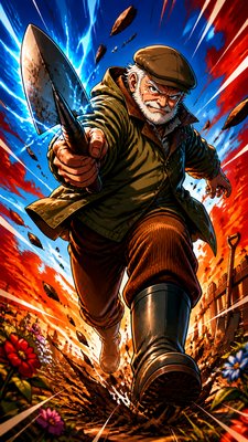 full-length portrait of an original character: a stocky older gardener with a short white beard, brown flat cap, olive waxed jacket, corduroy trousers and rubber boots, holding a trowel