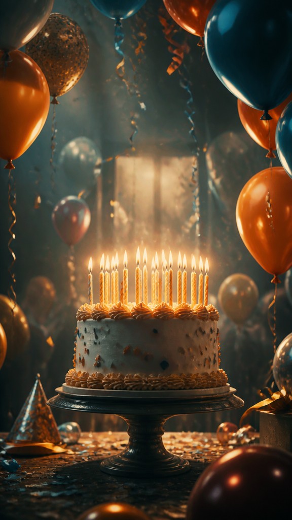 a birthday cake with lit candles surrounded by balloons and confetti, festive vertical composition, no text