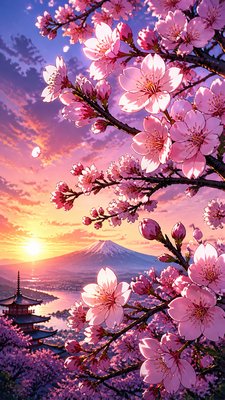 cherry blossom branches against a soft dawn sky, no people