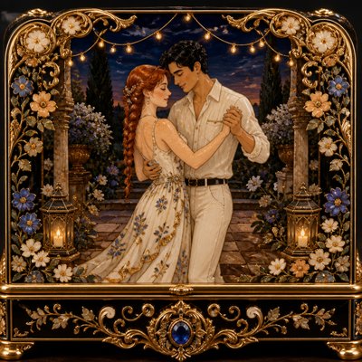 an original couple dancing under string lights in a garden at dusk: a man with short black hair in a linen shirt and a woman with braided red hair in a summer dress