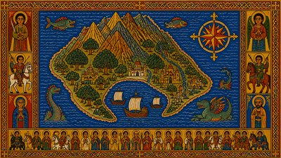 a map of an island realm with mountains, forests, a sheltered bay, sea monsters in the water and a compass rose, no text labels