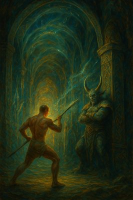 a painting of a man holding a sword in front of a demon