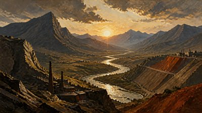 a vast valley with a river winding toward distant mountains at sunrise, no people, no text