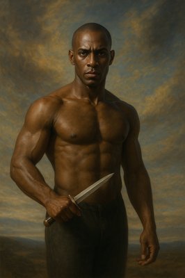 a painting of a man holding a knife