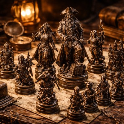 Macro Product Photography, Museum Archival Style, Warm Lantern Light. A detailed photograph of a complete, hand-carved set of unique pirate-themed chess pieces arranged loosely on a weathered wooden captain's desk alongside old charts and a compass. The pieces are crafted from a mix of dark aged oak, tarnished cast brass, and accents of stolen gold and rough rubies.

The Ranks:

    The King (Captain): The tallest piece, an imposing Pirate Captain figure with a grand tricorn hat, a long beard, a detailed cutlass, and one boot resting on a miniature treasure chest.

    The Queen (Quartermaster/Pirate Lord): A fierce, elegant female figure with dual flintlock pistols, a flowing coat, and a stern, commanding expression.

    The Bishops (Navigators/Voodoo Priests): Hunched figures holding sextants and mystical skull staffs, adorned with beads and feathers.

    The Knights (Boarding Party): Dynamic pieces showing a pirate mid-swing on a rope, holding a grappling hook and a boarding axe.

    The Rooks (The Ship/Fort): Heavy, fortified pieces shaped like the barnacle-covered stern castle of a galleon, bristling with tiny cannons.

    The Pawns (The Crew): A group of smaller, identical scruffy deckhands holding mops, buckets, and simple daggers.

The focus is sharp on the intricate textures of the wood grain and metalwork.