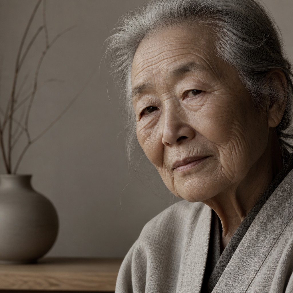 close-up portrait of an elderly person with expressive weathered features — Japandi Aesthetic