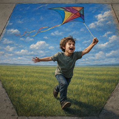 a painting of a boy running with a kite