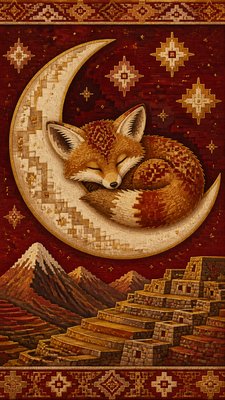a sleeping baby fox curled on a crescent moon among soft stars, gentle and warm, no text