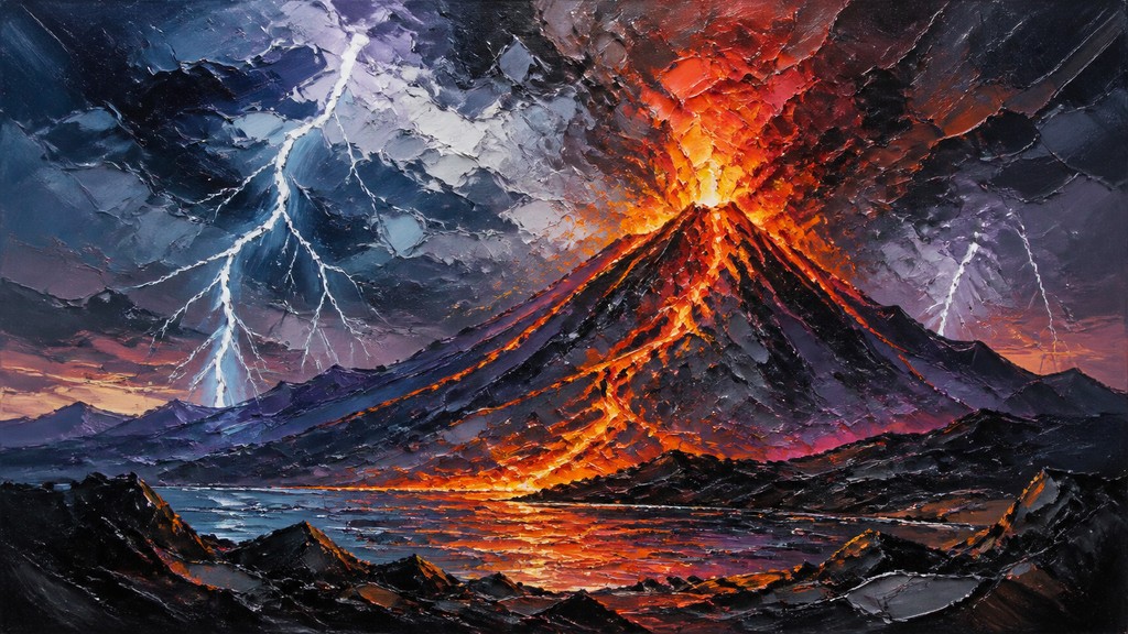 an erupting volcano with lightning strikes, dramatic wide composition, no text