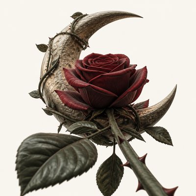 a rose entwined with a crescent moon, clean balanced composition on a plain background, no text