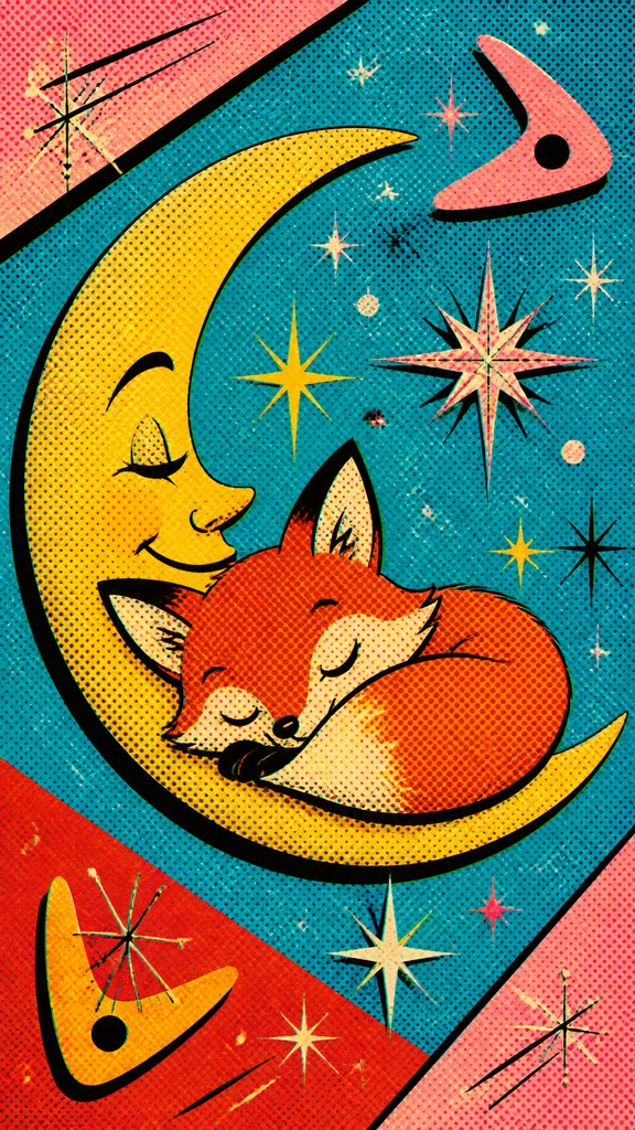 a sleeping baby fox curled on a crescent moon among soft stars, gentle and warm, no text