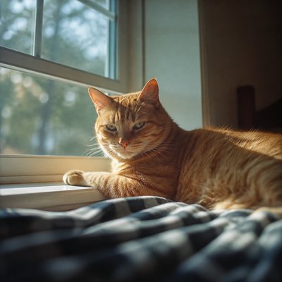 a cat lounging in a sunlit window