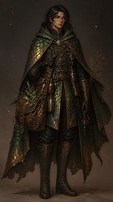full-body original character: a wandering botanist with a satchel of plants, a patched green cloak, tall boots and round glasses, neutral background