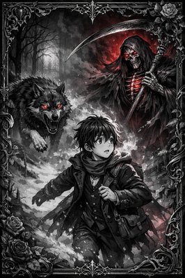 мальчик красивый идет по снегу и видит волка бубегает а затем смерть с красным фоном