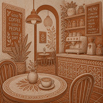 cozy cafe interior with warm lighting