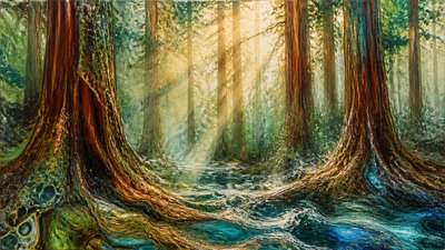 a panoramic redwood forest with light rays through mist, no people
