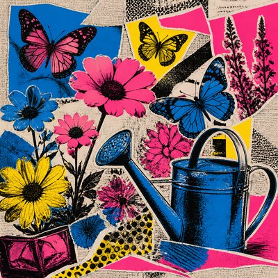 a garden scene with butterflies, flowers and a watering can, clean uncolored line art, no text