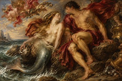 greco-roman mermaid and ignudi athlete sitting on a rock by the sea