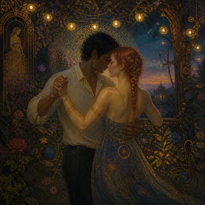 an original couple dancing under string lights in a garden at dusk: a man with short black hair in a linen shirt and a woman with braided red hair in a summer dress