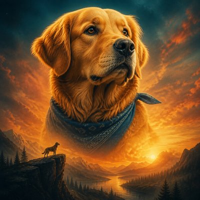 portrait of a golden retriever wearing a blue bandana, warm plain backdrop, no text