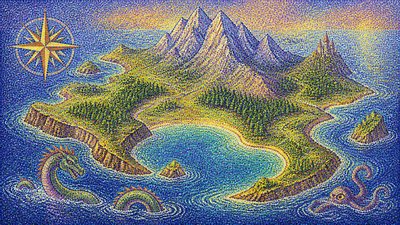 a map of an island realm with mountains, forests, a sheltered bay, sea monsters in the water and a compass rose, no text labels