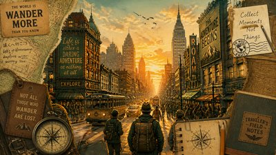 bustling city street panorama at dusk