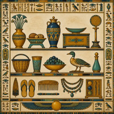 still life with everyday objects — Ancient Egyptian Art Style
