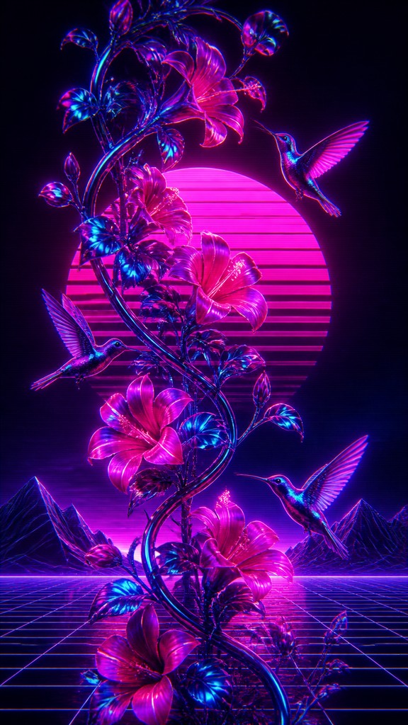 a climbing vine of flowers and hummingbirds on a dark background, tall wrapping composition, no text