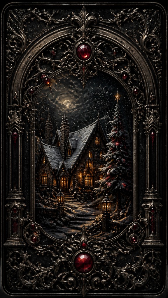 a snow-covered cottage with warm glowing windows beside a decorated pine tree, gentle snowfall, no text