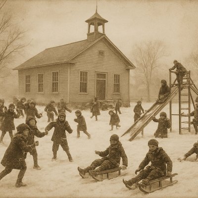 early 1900s American schoolhouse with snowy playground, dozens of children bundled in scarves and mittens, joyfully throwing snowballs, sliding down wooden sleds, climbing rustic playground equipment, nostalgic sepia-toned color overlay, archival photograph aesthetic, cinematic wide shot