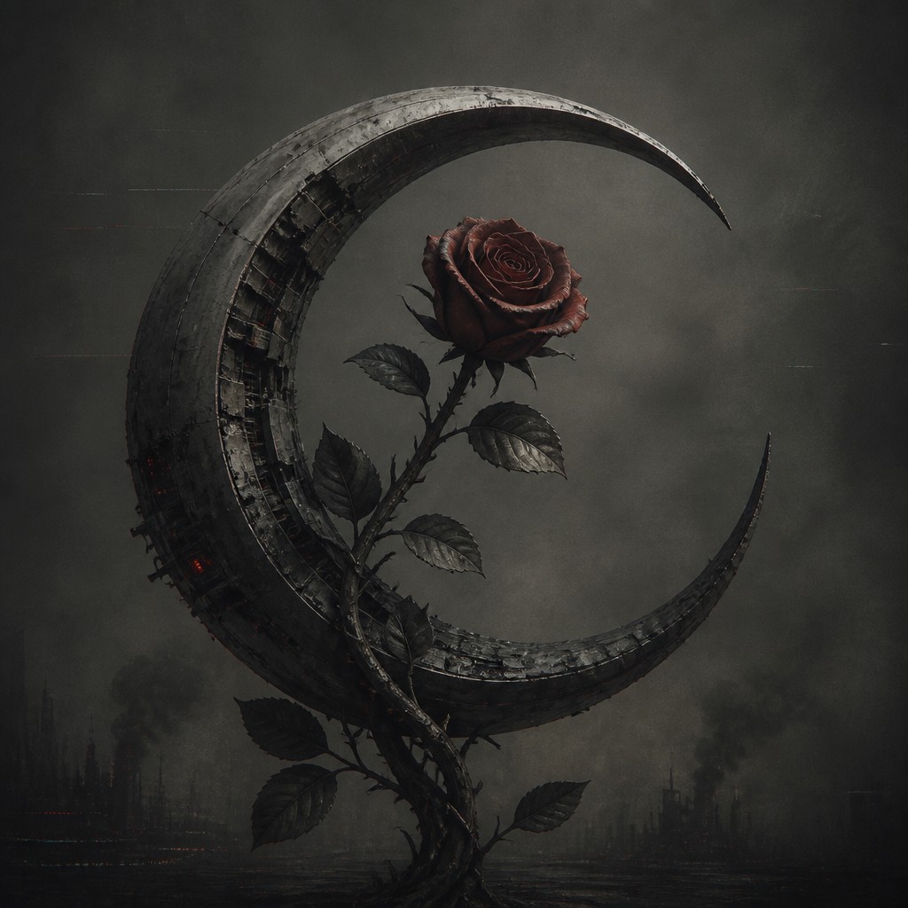 a rose entwined with a crescent moon, clean balanced composition on a plain background, no text