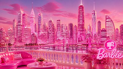 a city skyline panorama at dusk with glowing windows, no people