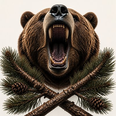 a roaring bear head above crossed pine branches, bold graphic composition on a plain background, no text