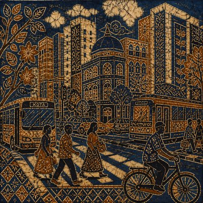 urban street with city activity — Batik Art Style