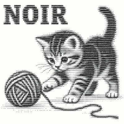 kitten playing with yarn titled "NOIR"