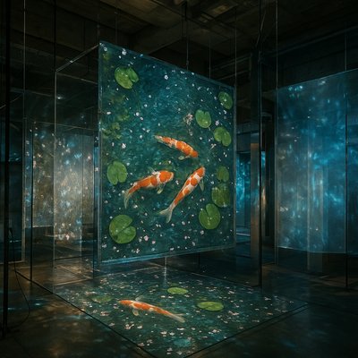 A koi pond seen from above, orange and white koi fish swimming among lily pads, clear water with subtle ripples, fallen cherry blossom petals floating on the surface, dappled sunlight