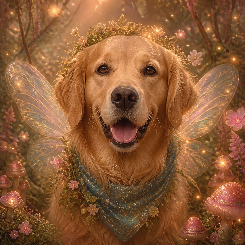 portrait of a golden retriever wearing a blue bandana, warm plain backdrop, no text