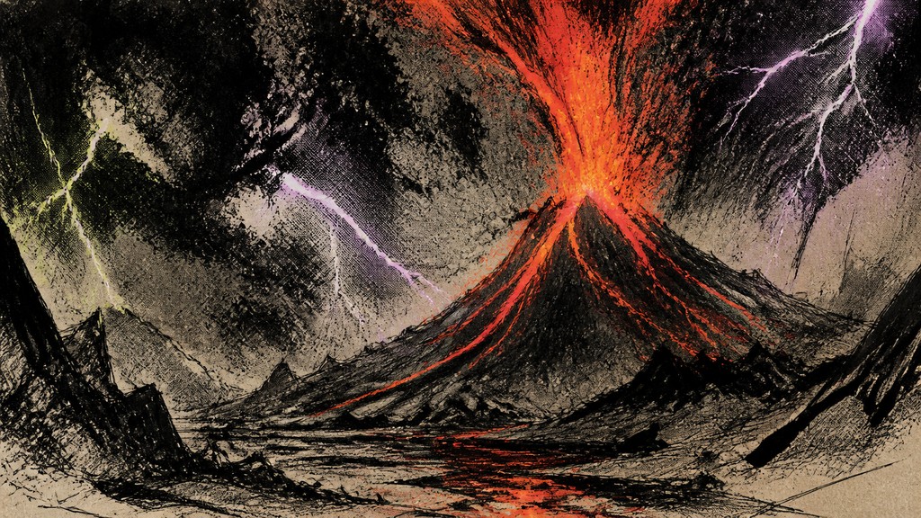an erupting volcano with lightning strikes, dramatic wide composition, no text