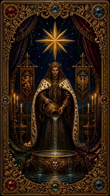 a robed figure pouring water beneath a large eight-pointed star in a night sky, symmetrical composition with an ornate decorative border, no text