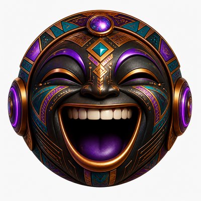 an exaggerated laughing face of an original round mascot character, bold and readable at small size, plain background, no text