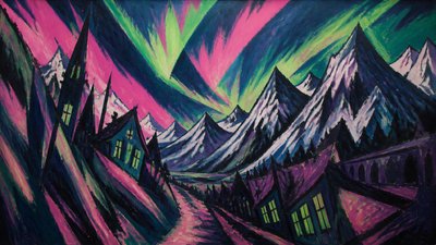a flowing aurora over snowy peaks, wide sweeping composition, no people, no text