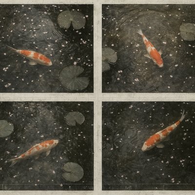 A koi pond seen from above, orange and white koi fish swimming among lily pads, clear water with subtle ripples, fallen cherry blossom petals floating on the surface, dappled sunlight