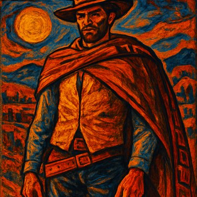 a painting of a man wearing a hat and a scarf