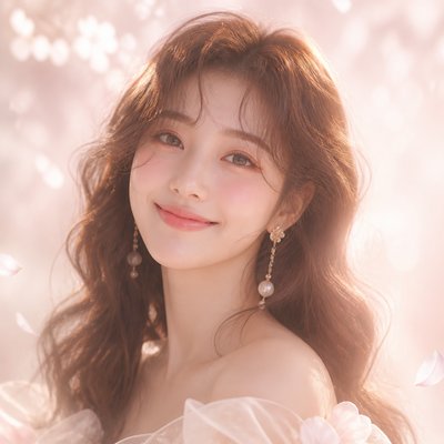 head-and-shoulders portrait of an original character: a young woman with wavy chestnut hair and a warm smile, plain soft backdrop