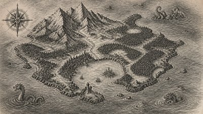 a map of an island realm with mountains, forests, a sheltered bay, sea monsters in the water and a compass rose, no text labels