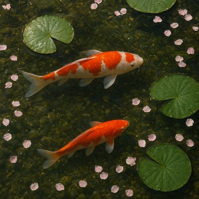 A koi pond seen from above, orange and white koi fish swimming among lily pads, clear water with subtle ripples, fallen cherry blossom petals floating on the surface, dappled sunlight