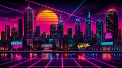 a city skyline panorama at dusk with glowing windows, no people